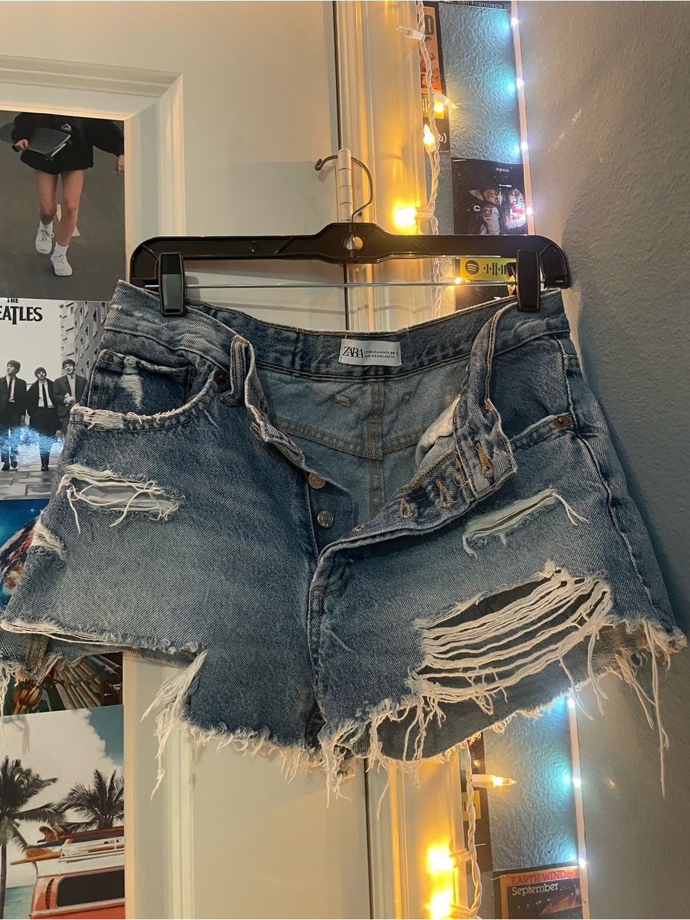Zara Light Blue Distressed High-Rise Denim Shorts